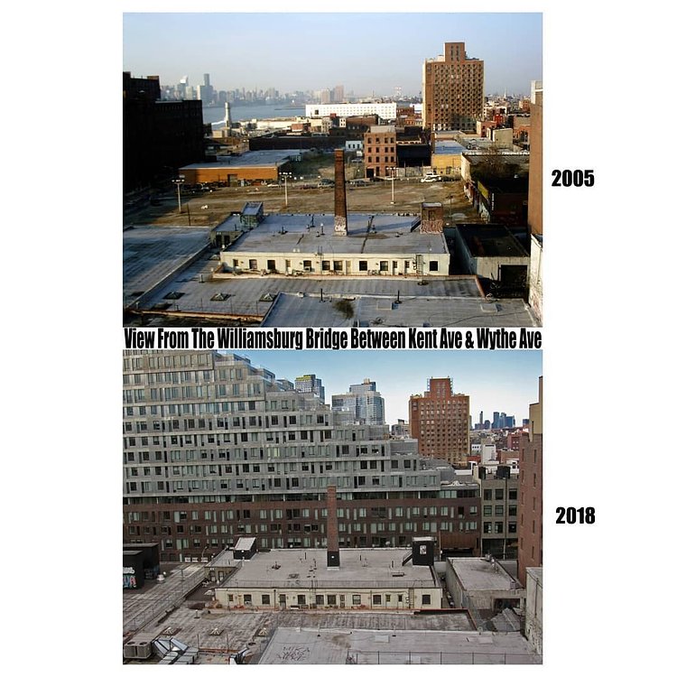 ⭐SWIPE FOR A CLOSER LOOK⭐ From the Williamsburg Bridge btwn Kent Ave and Wythe Ave.  2005 / 2018.  #williamsburg #brooklyn #nyc #11211 #domino #bridge #williamsburgbridge #graffiti #apartments #condos #factories #industry #oldbrooklyn #nostalgia #smokestack #thenandnow #oldnewyork #oldnyc #nygritty #gentrification #brooklynhistory #dominosugarfactory #eastriver #warehouse #beforeandafter #throwback #construction #destruction #buildings #nycstreets