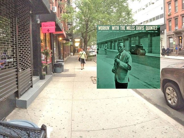 MILES DAVIS - WORKIN' WITH THE MILES DAVIS QUINTET (Prestige, Dec. 1959). . .Cover design (and possibly photo by) Esmond Edwards (his name is vertical on the bottom-left of the cover photo). . .Location: The Prestige Records office was a storefront at 446 West 50th between 9th and 10th Avenues (the location is now a barbershop.) Prestige took an additional storefront across the street at #447 West 50th for extra offices. Miles Davis is in front of #447. The building behind him is the High School of Graphic Communication Arts.. . . ."Workin" with the Miles Davis Quintet" was the third of four albums that were produced from two day-long sessions in which 24 tracked were recorded. They sessions were on May 11, 1956 and October 26, 1956. . . Primary research by Marie Fotini.