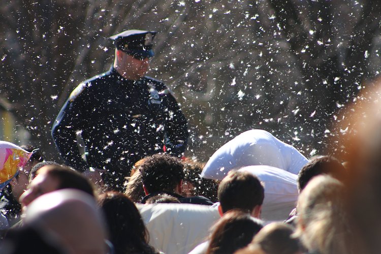 NYPD Blue in the Mist | The authorities were out in force but not as much as last year at the 2013 International Pillow Fight Day in Washington Square Park.