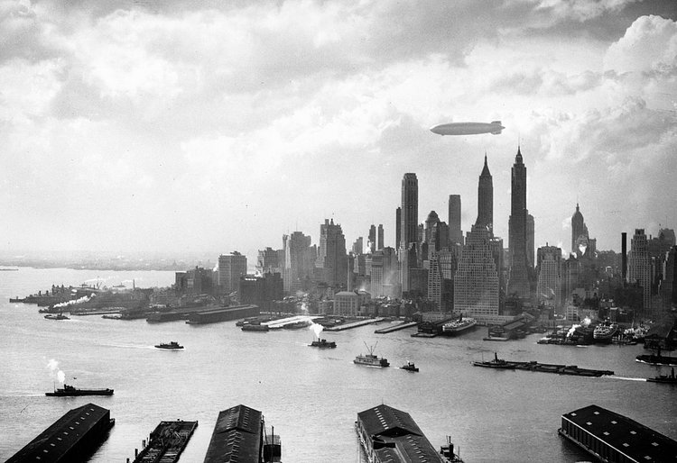 The Hindenburg floats over Manhattan Island in New York City on May 6, 1937, just hours from disaster in nearby New Jersey.