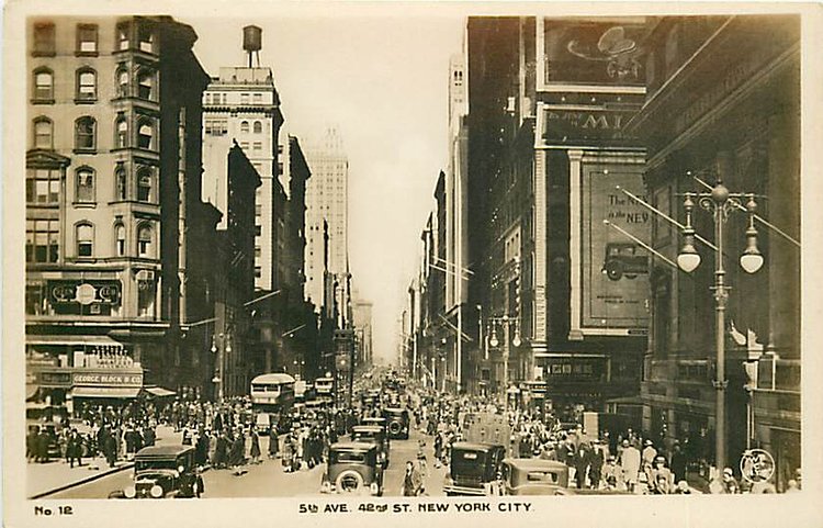 From about 1927 this view of Fifth Avenue looking north from 41st Street shows a bustling metropolis. A traffic signal tower is set up at the intersection of 42nd and Fifth. On the west side (left) is the former Hotel Bristol, converted to the Bristol Building in 1903. It was demolished in 1929 to make way for the art deco skyscraper, 500 Fifth Avenue.