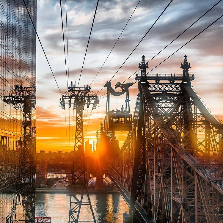 Sunrise view from the Roosevelt Island tram. Photographed from the Manhattan side, New York City on December 24, 2017.