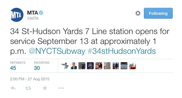 34 St-Hudson Yards 7 Line station opens for service September 13 at approximately 1 p.m.