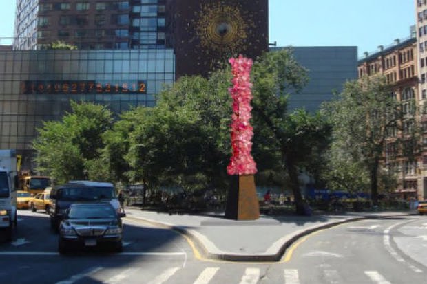 An early rendering of Dale Chihuly's "Rose Crystal Tower" resin sculpture shows what the installation will look like when it comes to Union Square in October.