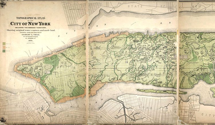  A topographical map of New York from 1874 showing original water courses. 