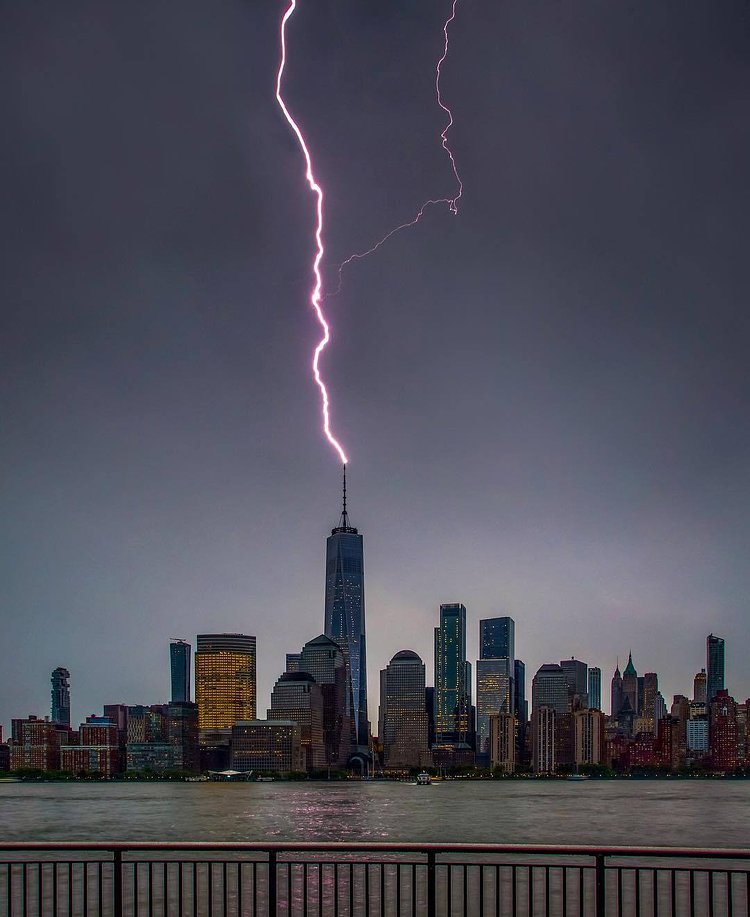 Lightning strikes One World Trade Center, New York, New York