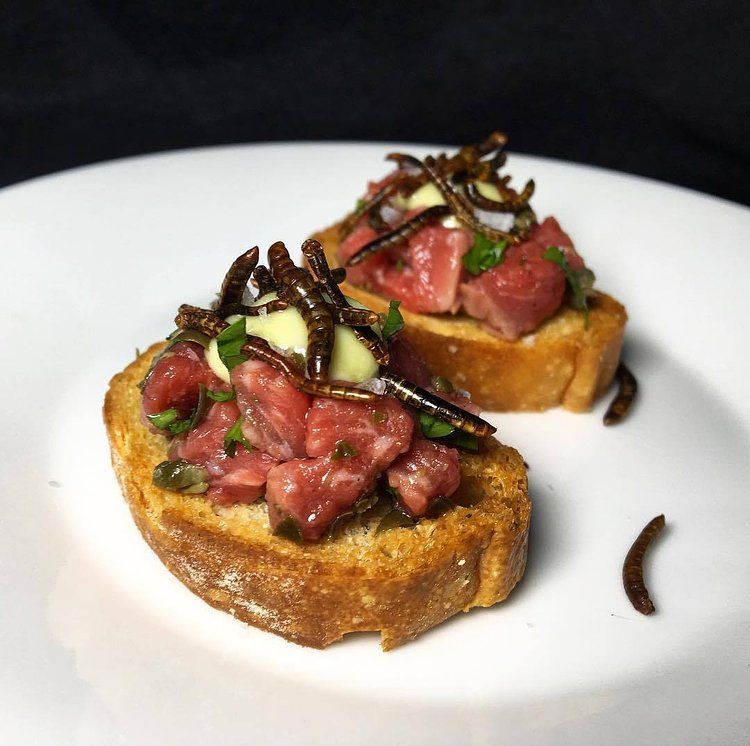 Come try these steak tartare crostinis with meal worms and wasabi aioli made by @dinnerecho at The Bug Banquet hosted by @thebugchef on Sat, Sept 2nd at @thebklynkitchen.