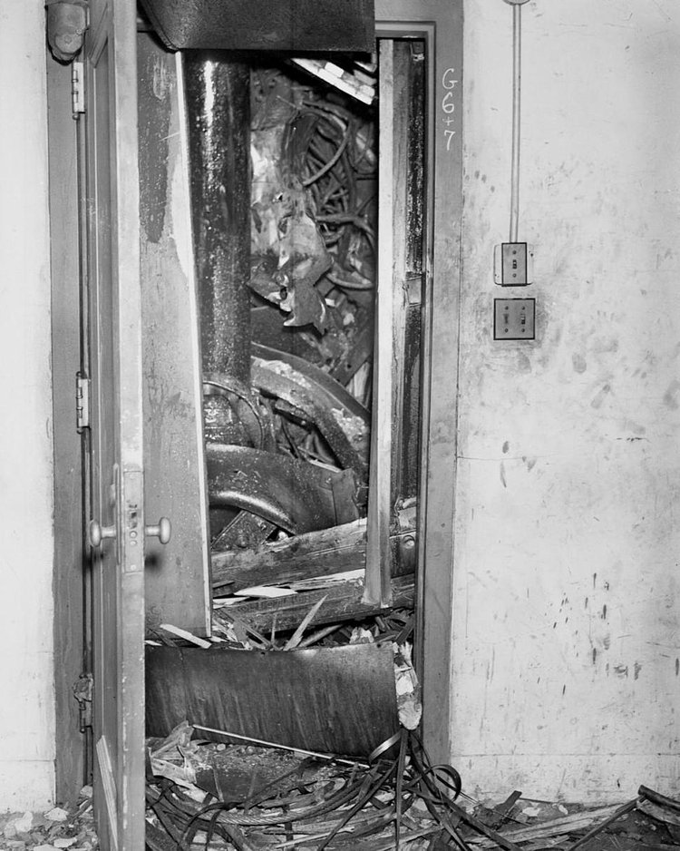 Wreckage of elevator that crashed to bottom of shaft.