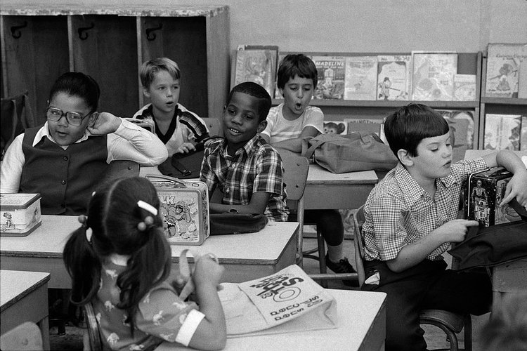 1980s - September 1980: New lunchboxes and post-vacation greetings occupied children at Public School 207 in Brooklyn.