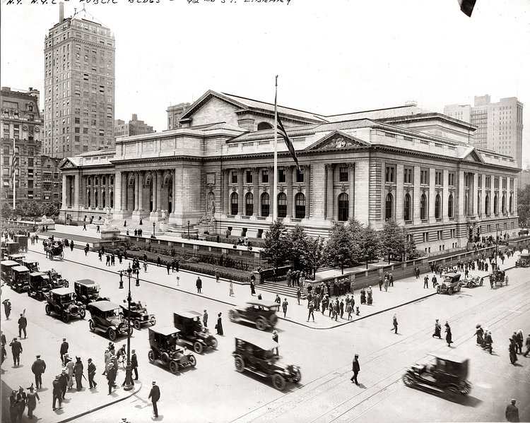 The New York Public Library as seen from the intersection of East 42nd Street and Fifth Avenue. July 14, 1915