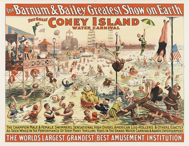 Strobridge Lithographing Company, The Barnum & Bailey Greatest Show on Earth / The Great Coney Island Water Carnival / Remarkable Head-Foremost Dives from Enormous Heights into Shallow Depths of Water, 1898, color lithograph poster, 38 7/8 x 28 3/4 inches, Cincinnati Art Museum, Gift of the Strobridge Lithographing Company, 1965.830