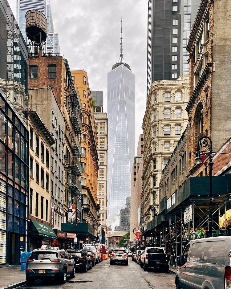 Looking down Fulton Street towards One World Trade Center, Financial District, Manhattan