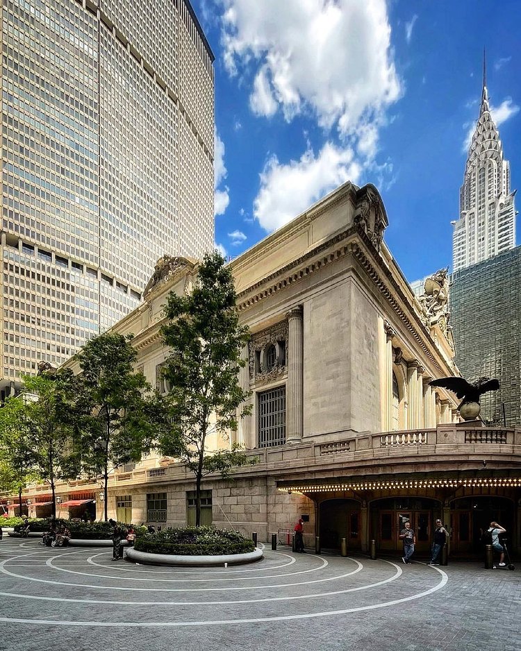 Concentric circles made of stone radiate outwards from newly planted trees along Vanderbilt Avenue. Grand Central Terminal, Midtown, Manhattan