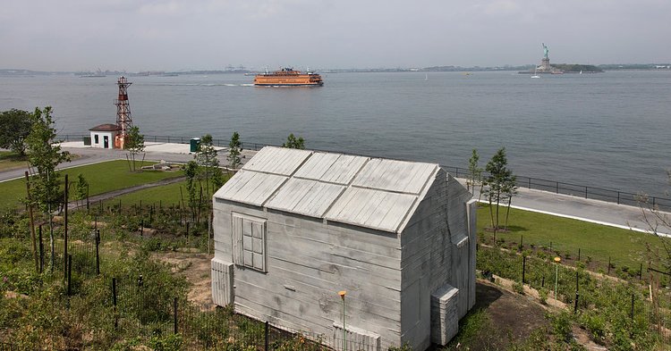 The artist Rachel Whiteread’s public sculpture “Cabin” is a permanent installation on one of the island’s new hills.