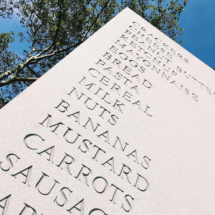 The 17-foot high "Memorial" by @davidshrigley was unveiled today, thanks to @publicartfund and it's quite the shopping list: from sausages to tampons, aspirin and Nutella 📷@katiealiceolsen