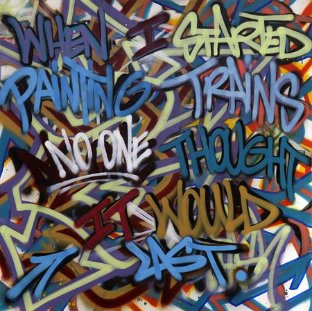 Painting trains, spray paint on canvas (2009)