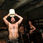 David Abrams cooling off with ice water in a sauna at the Russian and Turkish Baths.