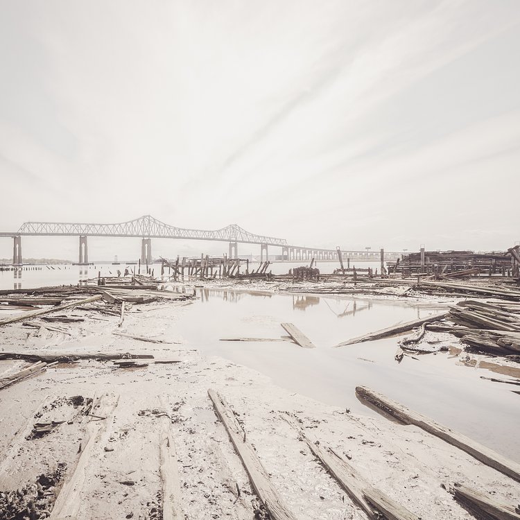 Low tide in the Arthur Kill reveals the remains of wooden ships.