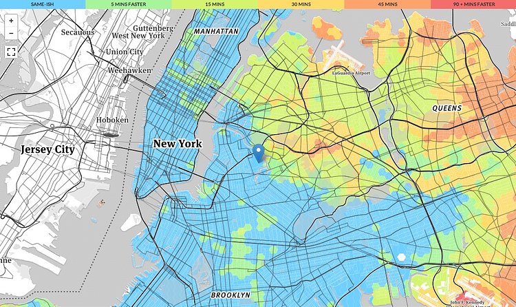 From the pin, you can get to any non-blue zone faster by subway and bus rather than subway alone