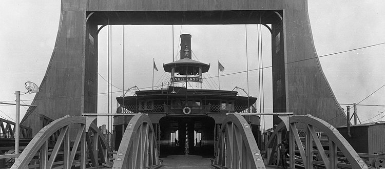 The ferry boat Mayor Gaynor in the 39th Street ferry slip at St. George, circa 1929. (From the Collection of the Staten Island Museum) 