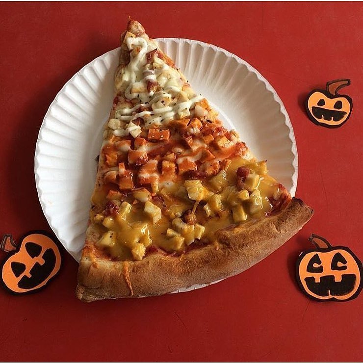 Introducing The Candy Corn Slice! Three tiers of chicken: Ranch, Buffalo and Honey Mustard! with Mozzarella Cheese and topped with extra sauce of each! Today's Special at Vinnie's Greenpoint #candycorn #halloween #vinniesbrooklyn #pizza #candycornpizza #greenpoint #todaysspecials #foodporn