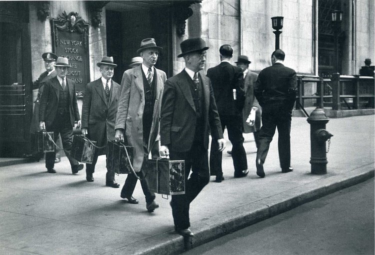 "Chain Gang" of New York Stock Exchange Officers Carries Traded Securities Each Day to Banks and Brokerage Houses, New York, 1937 by Carl Mydans.