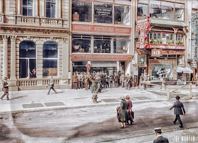 Chop Suey and HMV Records, 107 East 14th Street, New York City, 1921 - Colorized