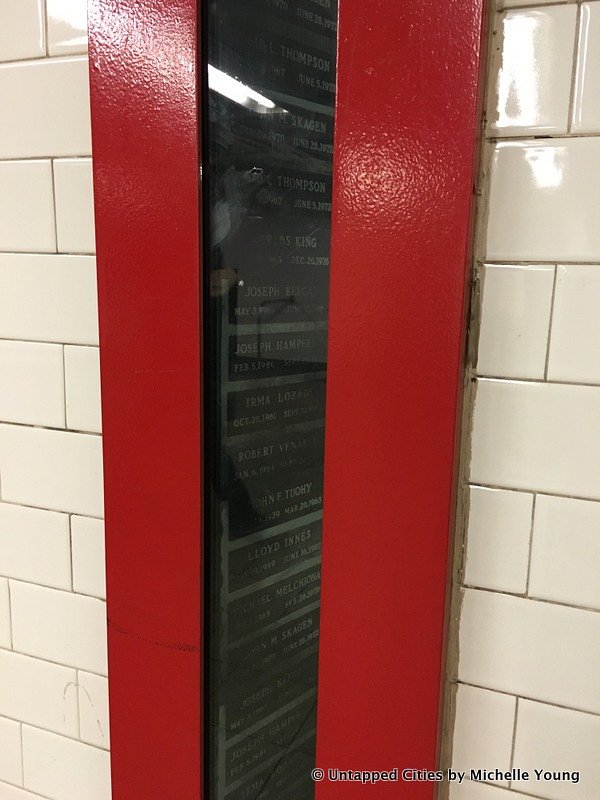 Along one corridor between the 14th Street and 17th Street entrances are narrow openings, with printed fragments of the station’s history, like telephone cables and names of former transit workers.