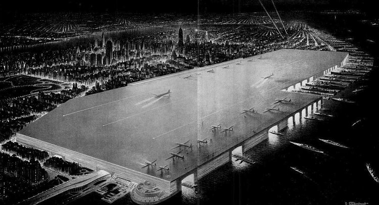 New York City's Dream Airport | A spread from the March 18, 1946 issue of Life Magazine for a "$3 billion project [that] would place a landing deck in midtown Manhattan," proposed by William Zeckendorf.

This is two images stitched together crudely. Originals found at <a href="http://longstreet.typepad.com/thesciencebookstore/2010/02/rootop-airport-east-river-nyc.html" rel="nofollow">Ptak Science Books</a>.