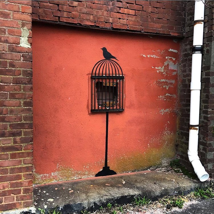 TAKE THESE BROKEN WINGS AND LEARN TO FLY... #blackbird #freedom #uncaged #newbedford #massachusetts #streetart #tombobnyc #stencil #publicart #nbma #🕊#❤️ #mayaangelou #tombob #stencilart #birdcage