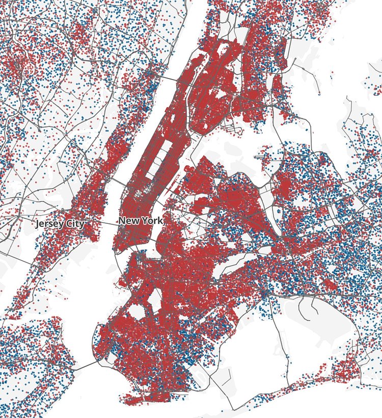 Blue Dot: 25 Homeowners — Red Dot: 25 Renters