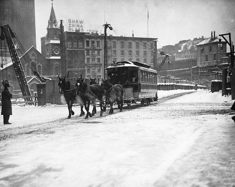 1908 horse drawn trolley trudges through New York’s snow covered streets