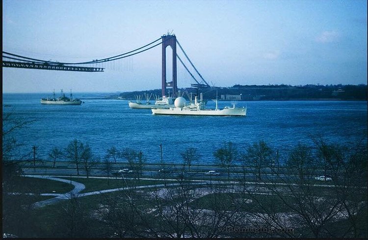 Verrazzano-Narrows Bridge under construction. Shore Road and 97th Street, January 1964