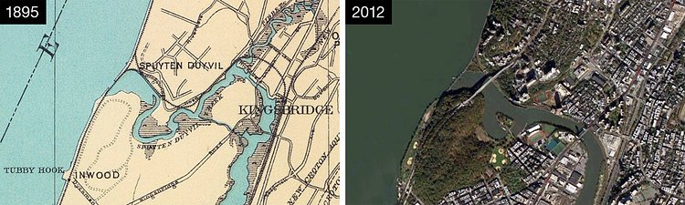 Map of the Marble Hill area from 1895 (when the canal was completed), and an aerial view of what the area looks like now. Note the “island” of Marble Hill on the 1895 map.