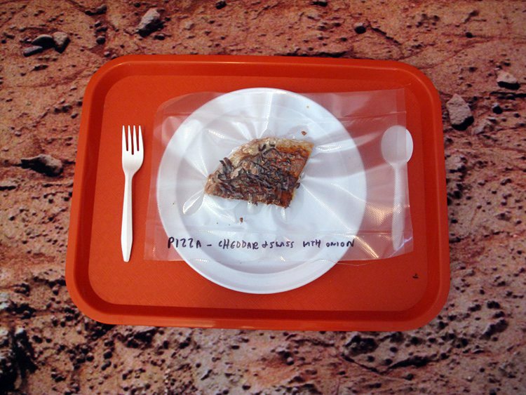 A vacuum-packed slice of pizza created with shelf-stable ingredients in the Menu for Mars test kitchen.