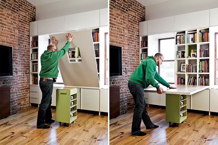 When it’s time to eat or do homework, the adults lower the tabletop, revealing a dozen book cubbies. The table’s base, which itself is an additional storage container, rolls easily into place to support the surface.