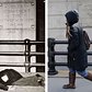 A man is pictured lying drunk on the ground on Center Street in a 1945 picture called 'Derelict sleeping on the sidewalk outside police headquarters' (left). A woman walks past the same engraved sign for the former Police Department on March 18 this year (right)