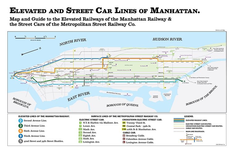 Map of the Manhattan transit system before the first subway was built. The year is 1899, and you get around the City by trolley, by cable car, and by noisy, dirty steam elevated railroad.