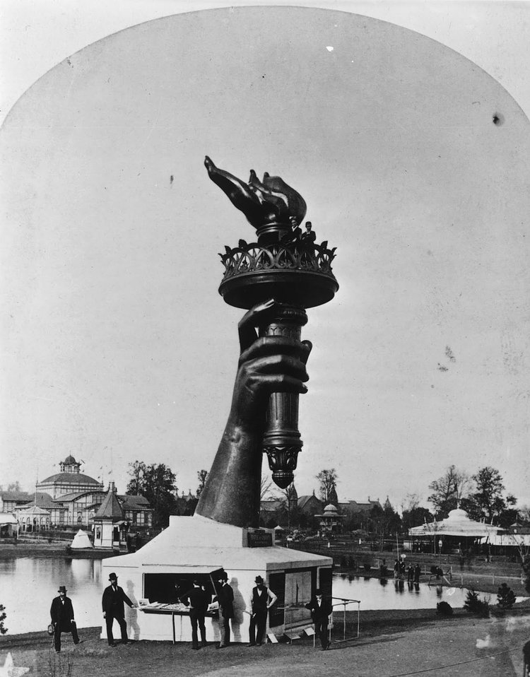 The hand and torch of the Statue of Liberty on display at the 1876 Centennial Exhibition, in Philadelphia, ten years before the rest of the statue was completed.