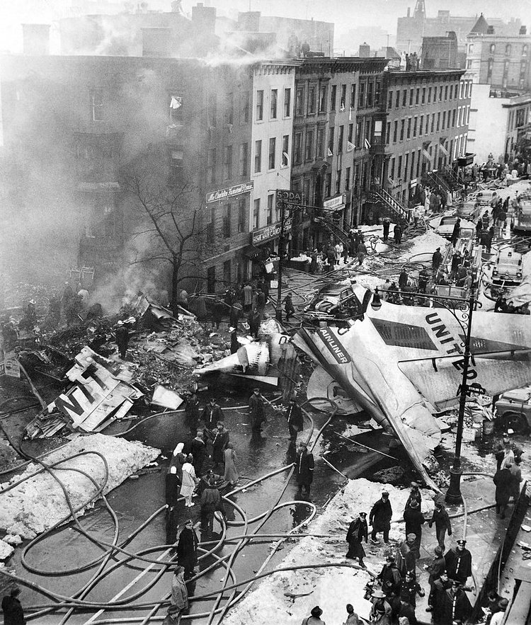 Dec. 16, 1960: The wreckage of a jet airline fell on the “once-fashionable Park Slope area” at Sterling Place and Seventh Avenue, after two planes bound for New York International Airport (today’s J.F.K.) and La Guardia Airport collided in midair. The second plane crashed on Staten Island; it was conjectured that the planes flew into each other there. One-hundred thirty-four people died, and the United DC-8 narrowly missed crashing into a school that was in session with “more than 1,000 children” in classes. It was the worst air disaster in history up to that point. The next day in Munich, there was another instance of a plane crashing into a busy metro area, with 52 people, including 19 Americans, killed.