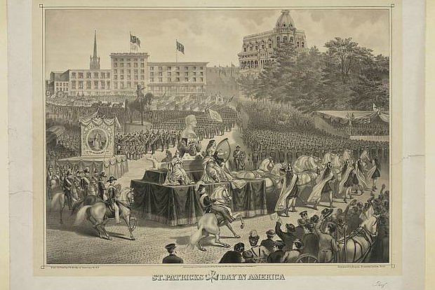 A 1974 lithograph print shows the portion of a St. Patrick's Day parade in Union Square.