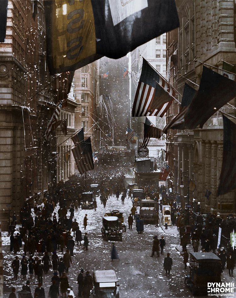 A century ago: Germany Surrendered - Celebrations on Wall Street, Nov 7th 1918 (colorized)