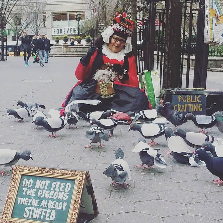 #birdlady #folkart #pigeon #pigeonshooter #unionsquare #urbanwildlife #pigeonlady #cardinal #starling #publiccrafting