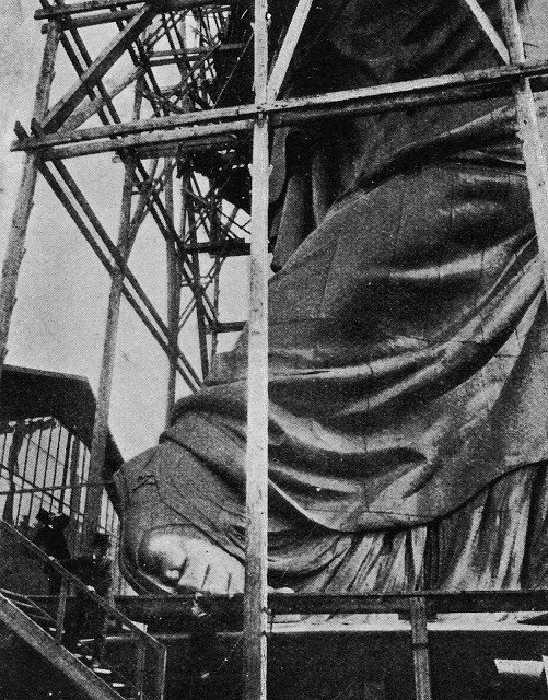 The construction of the Statue of Liberty in Paris, before its journey to the United States, circa 1883.