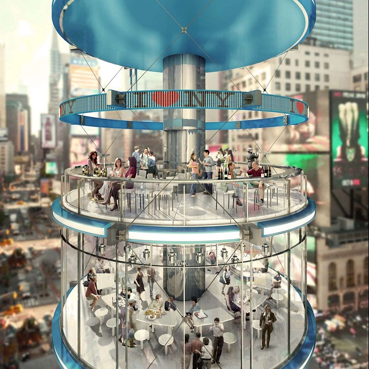 The open roof design allows air to circulate throughout, while the glass walls provide 360-degree views. Each pod is 40 feet in diameter and 180 feet tall.