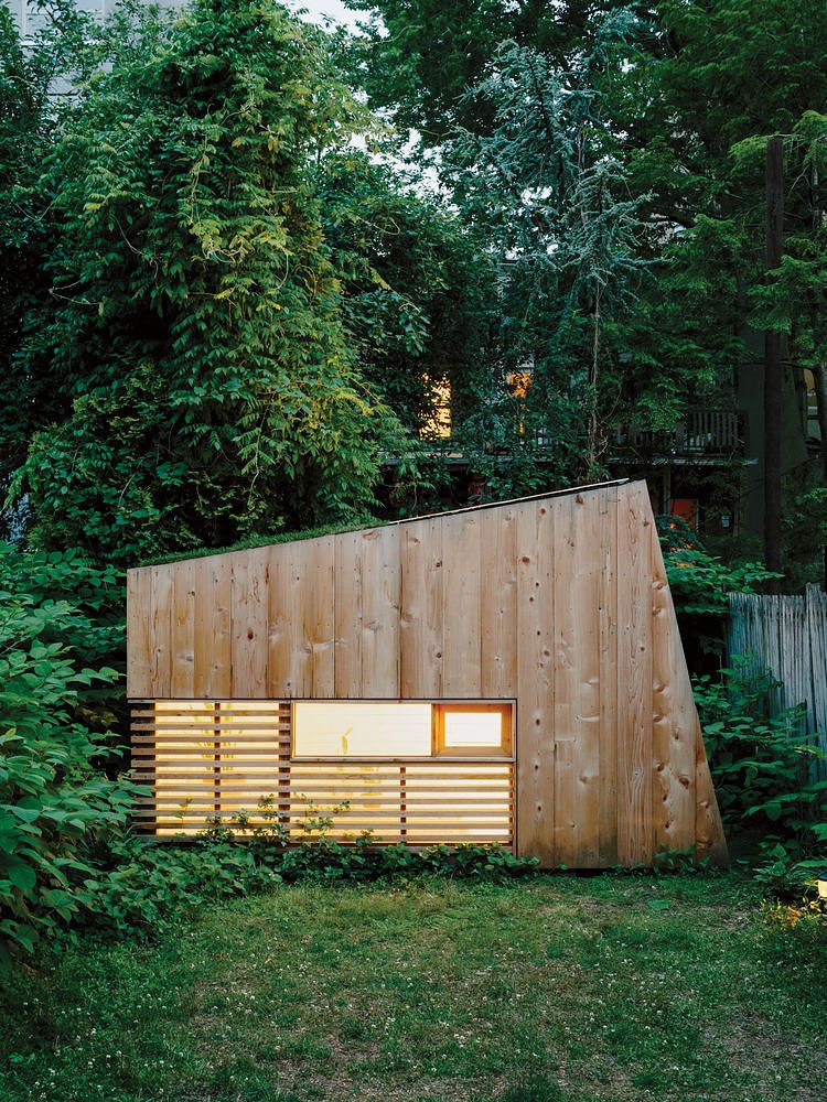Architect Nicholas Hunt used his garden as a laboratory for his budding private practice, creating a 55-square-foot studio filled with handcrafted details, including a half-inch reveal surrounding the front window and a Plexiglas skylight. “When a place is this small, the minimal details need to be nice,” Hunt says.