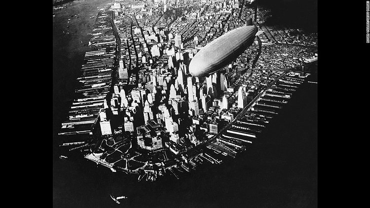 This aerial photograph from 1910 shows a Zeppelin dirigible flying over Manhattan. Aerial photography has existed since the mid-1800s, giving people a unique perspective of their planet.