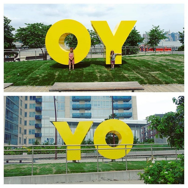 #oy #yo #williamsburg #deborahkass @debkass #williamsburgwaterfront #ferry #nyc #publicart #yellow #instakids