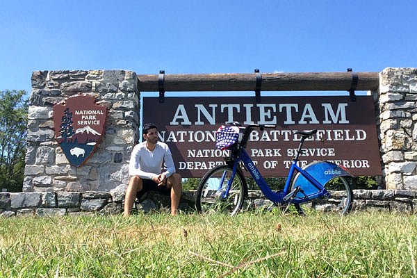 Seeing America by bicycle: A pause in Sharpsburg, MD at the historic Civil War battlefield.