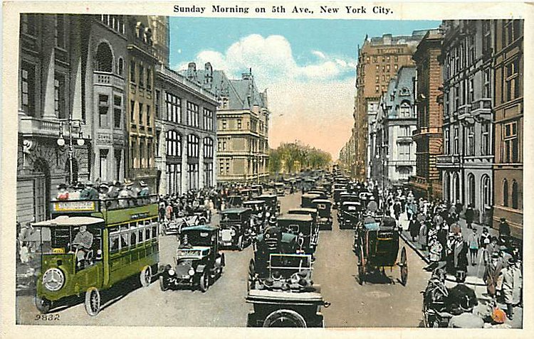 From this 1920 postcard we see Fifth Avenue looking north from 56th Street on a busy Sunday morning. With the exception of one horse drawn carriage going north in the foreground all the other vehicular traffic is motorized. The large private house on the left just before Central Park is the monumental home of Cornelius Vanderbilt II, taking up the block between 57th and 58th Streets. This “chateau” was demolished in 1926 and luxury department store, Bergdorf Goodman was built on the site.
